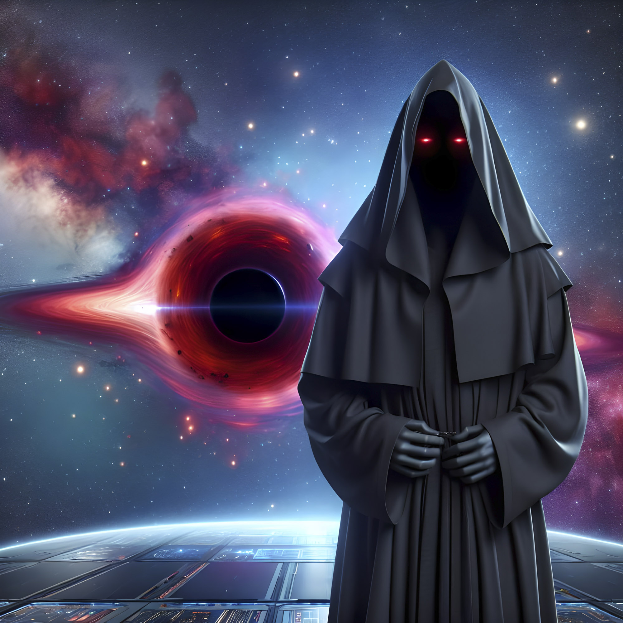 Lord Primeval, a dark hooded figure with glowing red eyes before a cosmic black hole